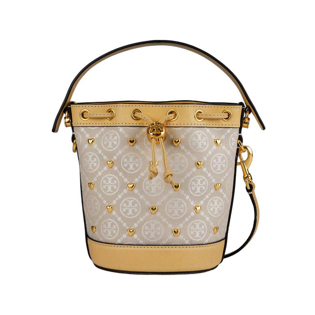 Tory Burch T Monogram Metal Heart Stud Drawstring Bucket Bag Women Handbags Ivory 161505-104