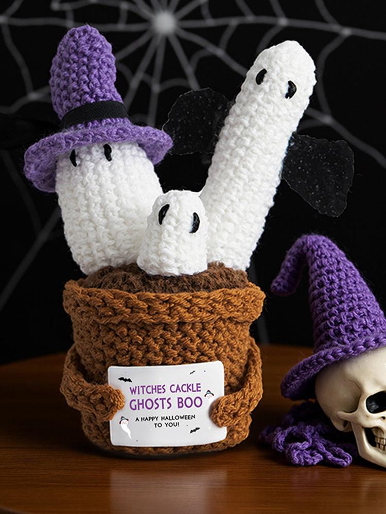 Halloween Knitted Wool Ornaments with Card Crochet Potted Card Doll Ghost Plant Doll for Office Desktop Home Horror Decor