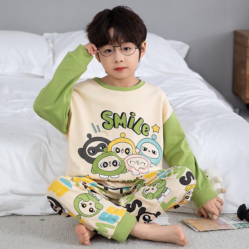 Boys Cotton Pajama Set Long Sleeve Cartoon Print Sleepwear Kids Teens Home Wear