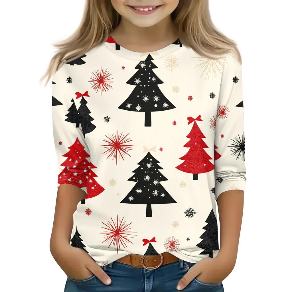 Christmas Day Print Tops For Youth Girls 5-16 Years Round Neck 3/4 Sleeves T-Shirts Trendy Tops Outfit Tees