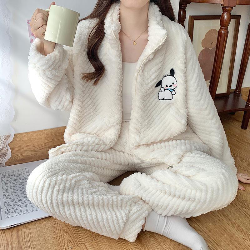 Pijamale Jacquard din Fleece Coral pentru Femei: Cardigan drăguț, călduros, cu guler înalt cu fermoar pentru toamnă și iarnă