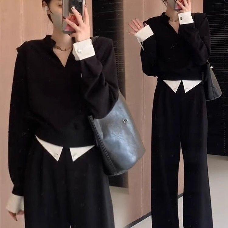 

Women s European Style Two-Piece Suit: Color Block V-Neck Top & Wide-Leg Pants S