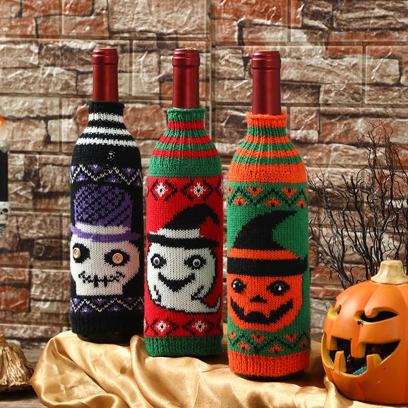 Halloween Decorations: Knitted Wine Bottle Cover for Pumpkins, Skull Red Wine Set, Decoration for Display, Champagne Wine Set