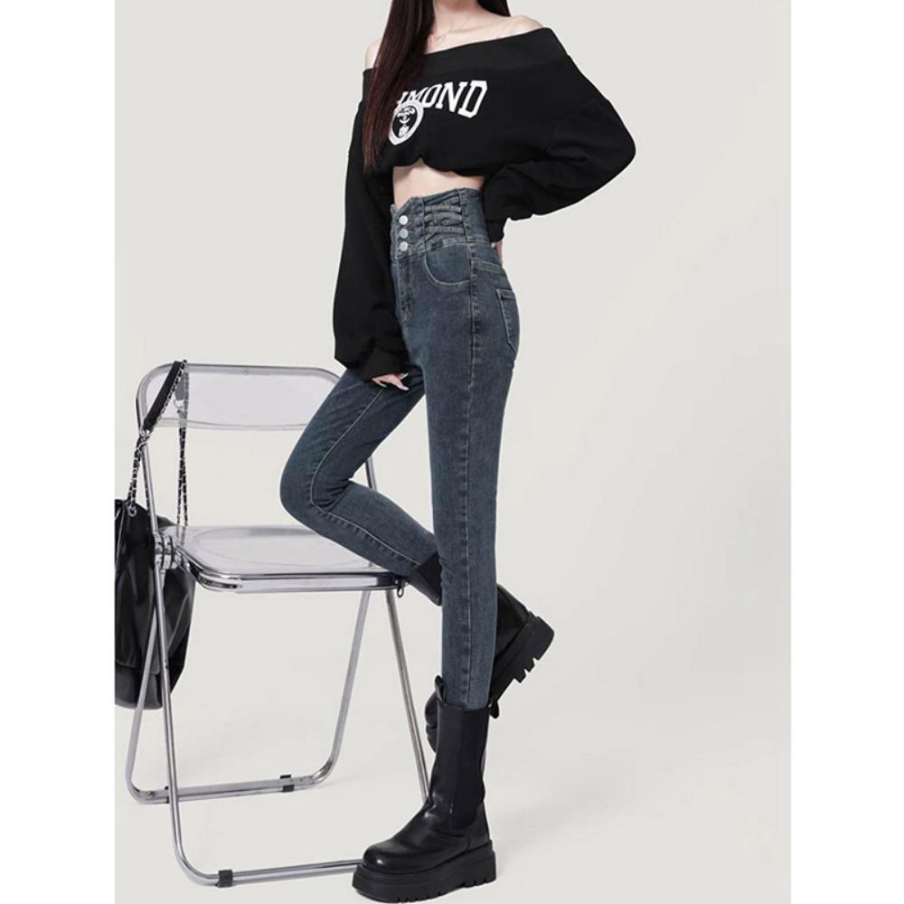 Belly high waist jeans women's design spring and summer new single-breasted three-button elastic slim-fitting small feet pencil denim