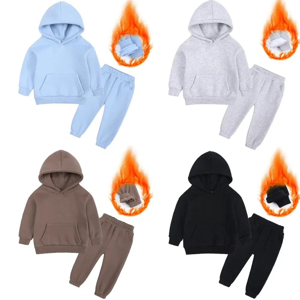 Children Fleece Winter Outfit Toddler Cotton Solid Hoodies Pullover Sweatshirt Pants Tracksuit Set Kids Boy Girl Warm Sweatsuits