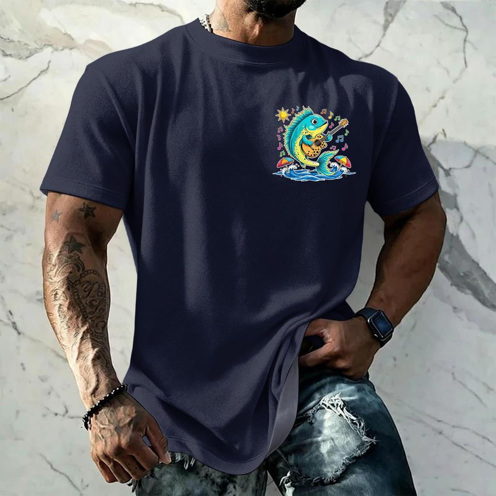 Men's Vintage Textured Print Short Sleeve T Shirt Loose Fit Casual Summer Daily Wear Top with Graphic Fish Design
