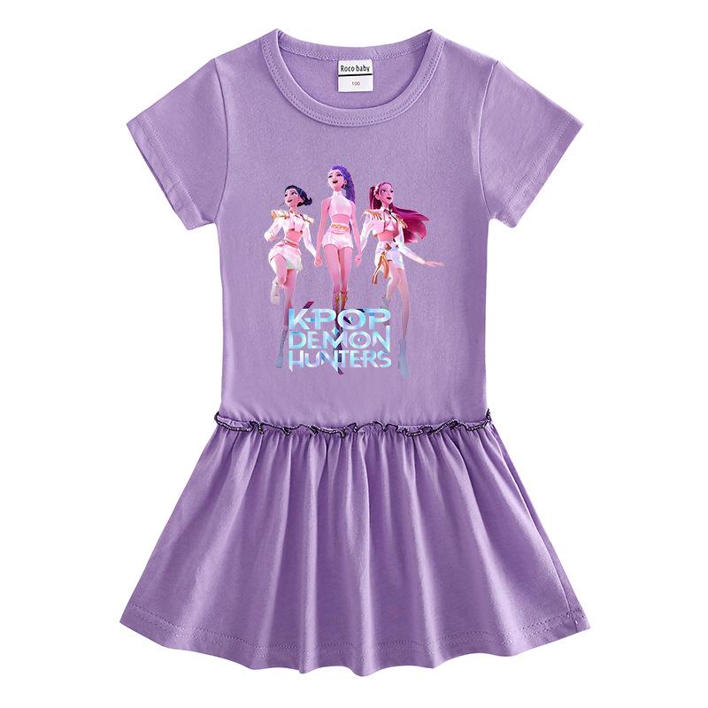 Kpop Monster Hunter Girls' Summer Pleated Dress - Stylish Color Block Ruffle Skirt for Children