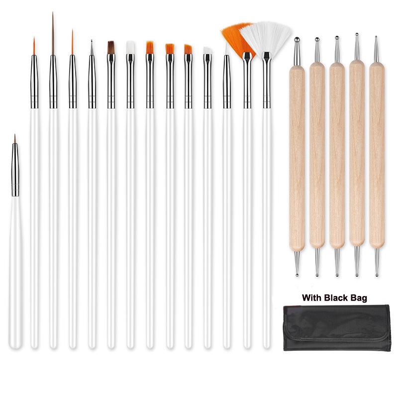 20-Piece Nail Art Brush Set: Painting, Gel, Cleaner, Dotting & Gradient Pens for Flower Designs