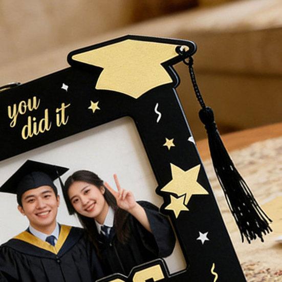 Wooden Photo Frame, Standard Size Graduation Picture Display, Black Gold with Rear Stand, Grad 2026 Picture Holder for Graduation Keepsake