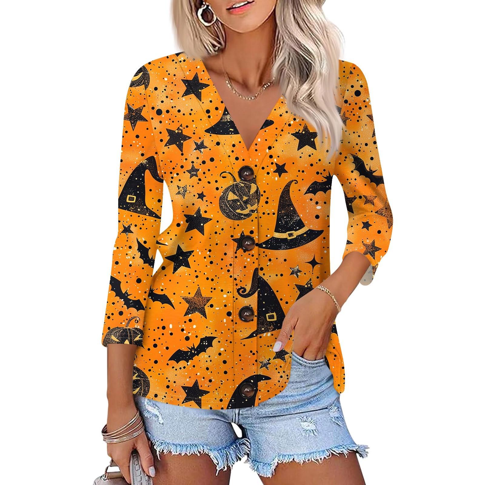 

Женская модная повседневная рубашка на пуговицах с принтом, топ с рукавами 3/4 M оранжевый