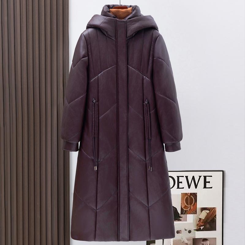 

Женская кожаная куртка Зимние длинные парки с капюшоном Элегантные Толстые Теплые Женские Пальто из искусственной овчины 5XL вино красного