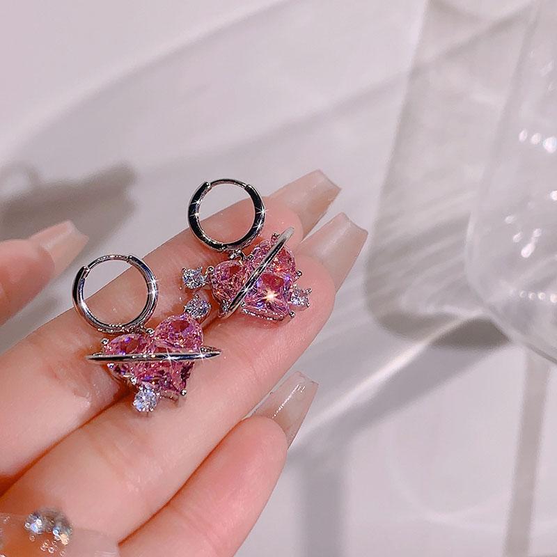 Pink Heart Pendant Necklace Earrings Women's Fashion Shiny Zircon Stud Earring Necklace Romantic Party Wedding Zircon Sets