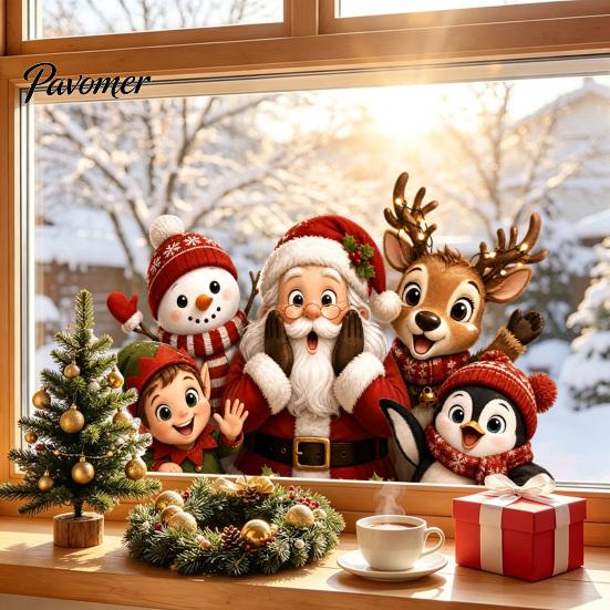 Christmas Gifts for Friends Window Stickers, Static Cling Santa Claus Snowman Reindeer Decals, Cute Animal Art Holiday Glass Clings Home Storefront