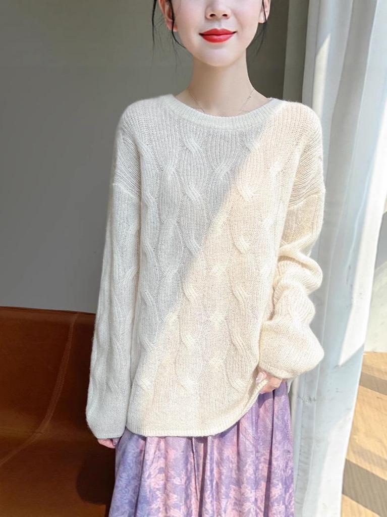 Women's Round Neck Chunky Knit Cashmere Sweater with Sequins, Long Sleeve Fashionable Top for Autumn & Winter