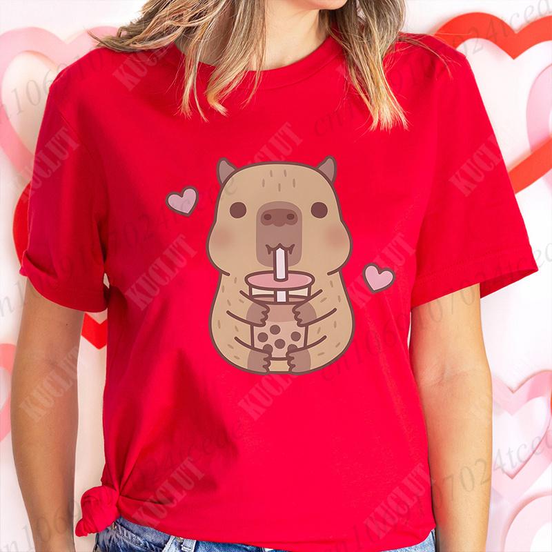 

Футболки с короткими рукавами Boba Tea Capybara для детей, симпатичные графические топы Y2k, уличная одежда Harajuku, удобная и эстетичная одежда 150