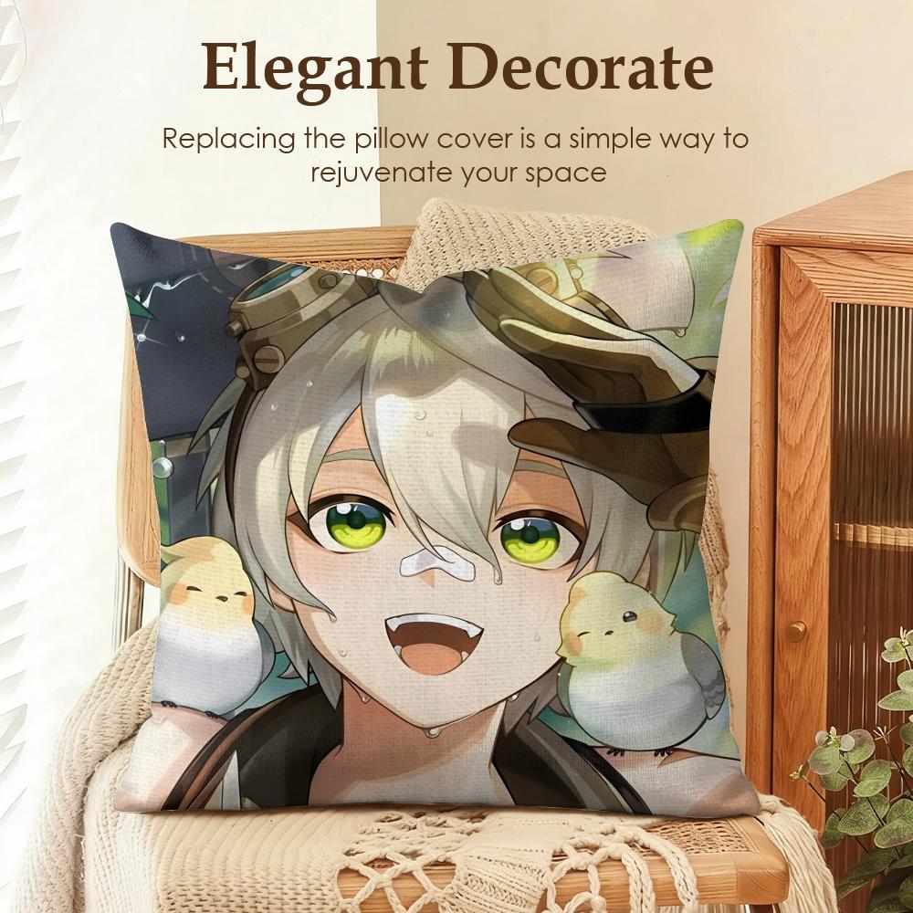 Bennett Genshin Impact Cute Cushion Cover Natural Linen Organic Fabric Double-Sided Printing Sofa Home Decor Gift Pillow Case