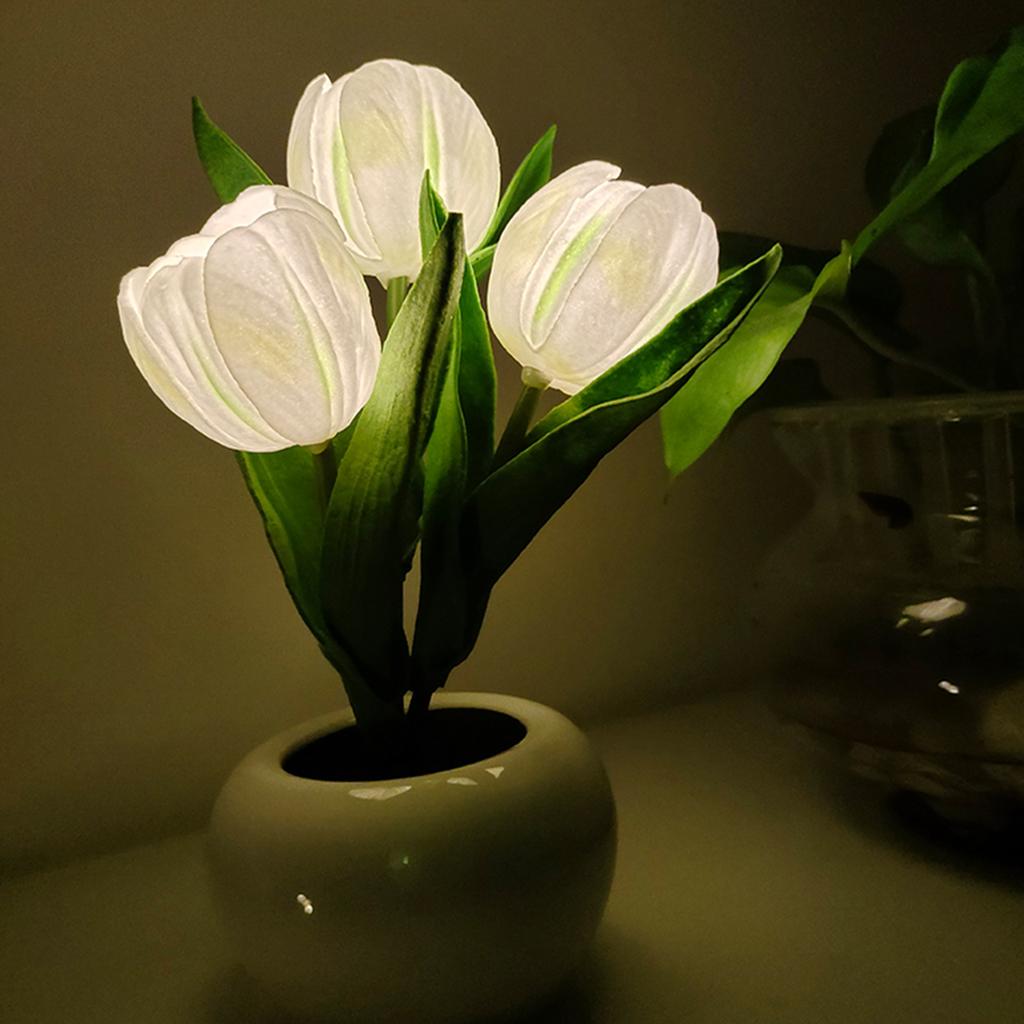 LED Tulip Flower Pot Light Indoor Decorative Night Light Warm Glow Ceramic Table Lamp Battery Operated