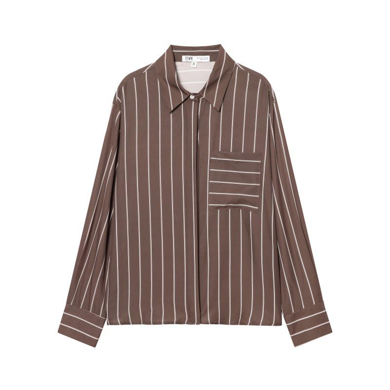 2025 Autumn/Winter Women s European Style Striped Lapel Pocket Shirt Large