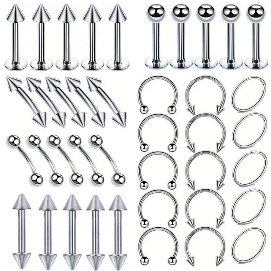 

40-Piece Mixed Set: Stainless Steel Lip and Eyebrow Studs, Earrings, Nose Rings, with Round Balls, Spikes, and Cones. 1.2mm x 8mm