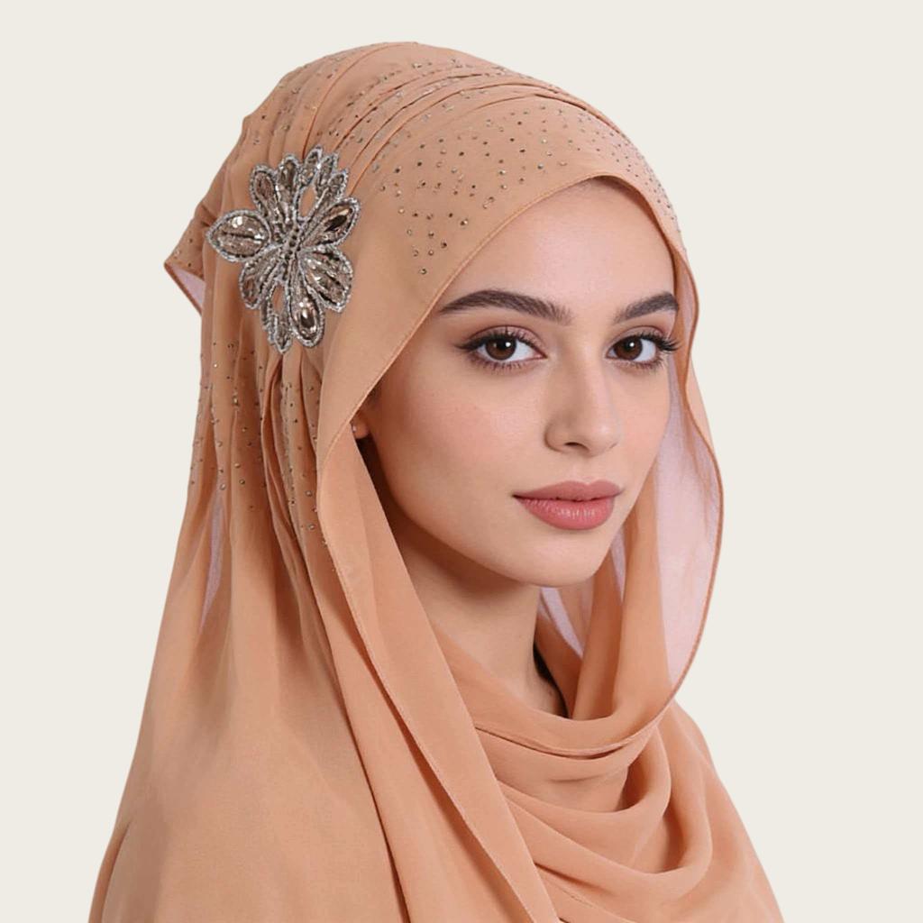 Luxury Rhinestone Chiffon Hijab Scarf Women Muslim Crystal Diamond Headscarf White Wedding Shawl Embroidered Beaded Turban Wrap