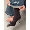 First encounter season French-style vintage pointed head thin heel satin bow short boots women's autumn and winter thin elasticity
