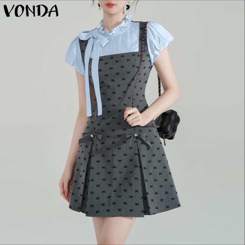 VONDA Women College Style Ruffled Neck Bow Knot Polka Dots Patchwork Pleated Dress