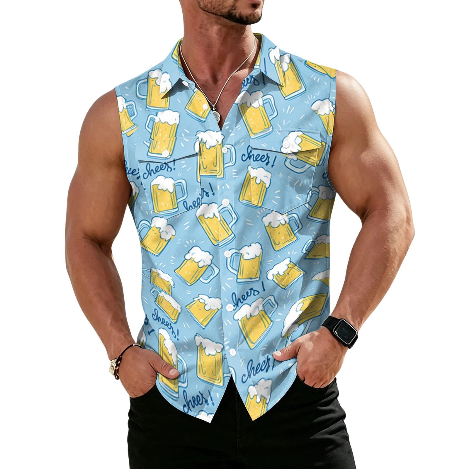 Men Sleeveless Button Down Shirt Casual Summer Holiday Shirt Tropical Print Shirt Lightweight Breathable Shirt for Outdoor Activities S