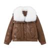 Women's Short Loose PU Winter Jacket Suede Bronzing Big Fur Collar