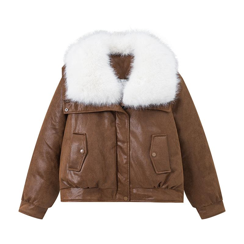 Women's Short Loose PU Winter Jacket Suede Bronzing Big Fur Collar