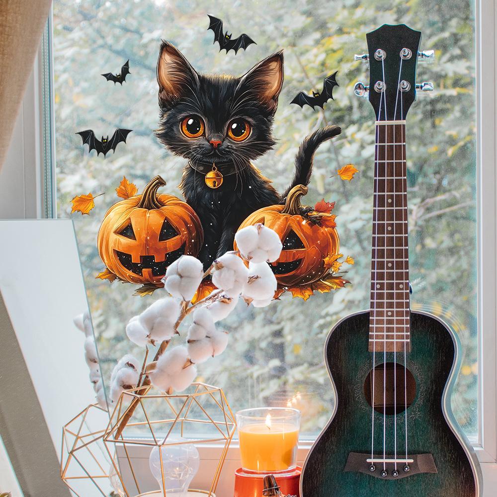 Halloween Cartoon Black Cat Pumpkin Glass Window Display Home Festival Decoration Static Window Stickers