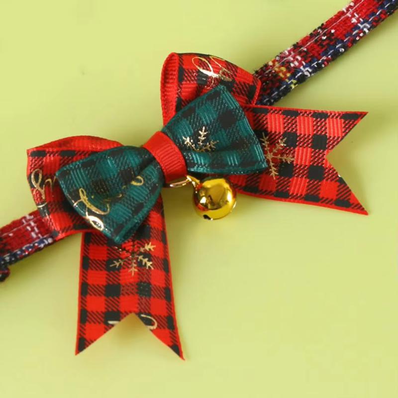 Christmas Cat Collar Red Green Plaid Bow Knot Collar Adjustable Bow Collar with Bell for Cats Xmas Dress-up Photo Shoots Prop