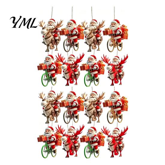 Christmas Tree Hanging Accessories 8/16/24/32Pcs 2D Flat Wooden Ornaments, Santa Claus Riding Bicycle Xmas Door And Window Decorations Decor, Pendant