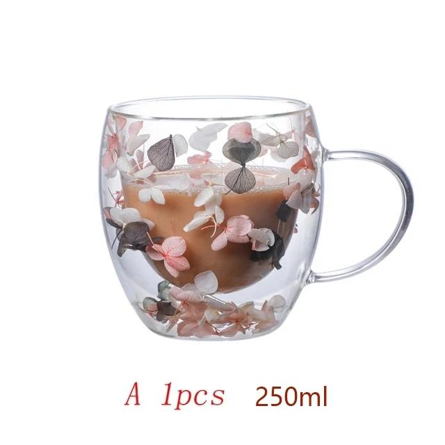 250/350ml Double Wall Coffee Mug With Handles Clear Milk Cups Gifts Glass Cup Fill Artificial Simulation Flowers Teacup