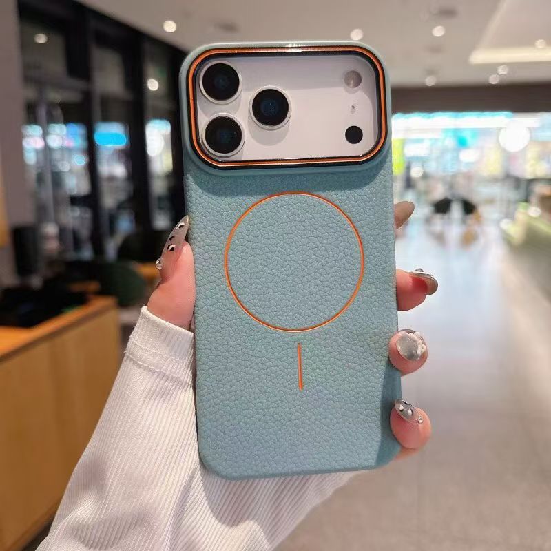 Apple 17promax thin ring magnetic mobile phone case iPhone16 large hole 15 lychee pattern 14 anti-drop 13 protective case