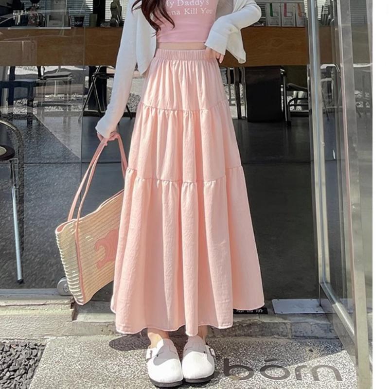 Modrá sukně pro ženy na jaro a léto Nová dlouhá A-linie s vysokým pasem, zeštíhlující, francouzská nadýchaná sukně