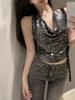 Sparkly Sequin Cowl Neck Halter Top - Backless and Sleeveless for Summer