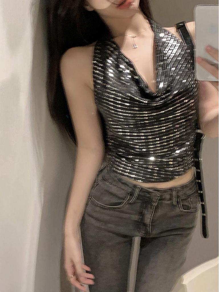 Sparkly Sequin Cowl Neck Halter Top - Backless and Sleeveless for Summer