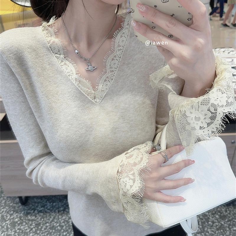 Black Lace Knitted Sweater Women's Collar Trendy Inner Long Sleeve Top Autumn and Winter Slim Flared Sleeve Bottom Sweater