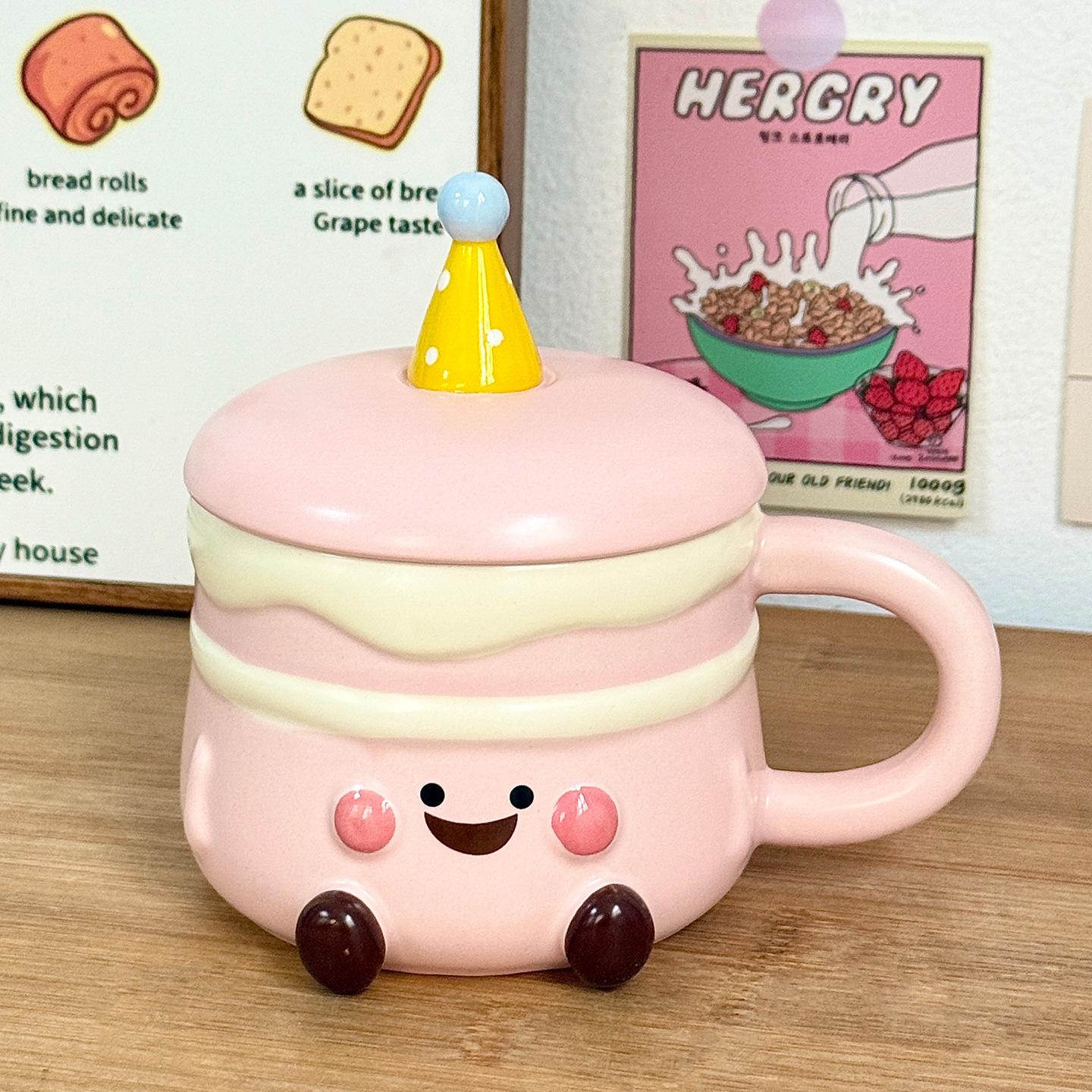

Birthday Cake Mug With Lid Cute Cup Ceramic Girl High Value Gift Water Cup For Girlfriend Coffee Cup 301-400ml