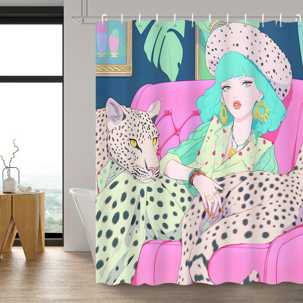 Stilvolle Frau mit Leoparden-Duschvorhang, wasserdicht, für moderne Badezimmerdekoration, 72x72 Zoll, langlebig und einzigartiges Design