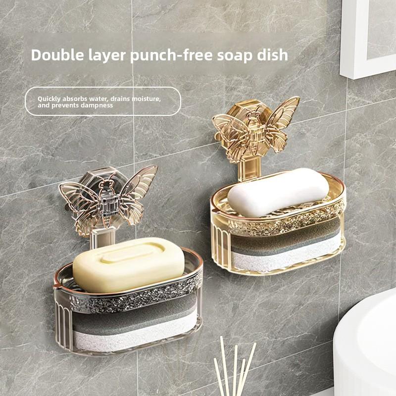 1PCS Punch-free Butterfly Suction Cup Soap Box Double-layer Soap Drain Storage Rack Kitchen and Bathroom Wall-mounted Soap Box