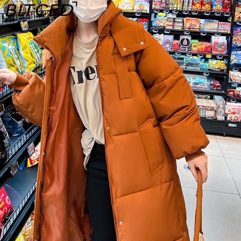 BITCED Women's Long Winter Coat - Knee-Length, Loose-Fit Down Jacket, Thickened Cotton-Padded Coat