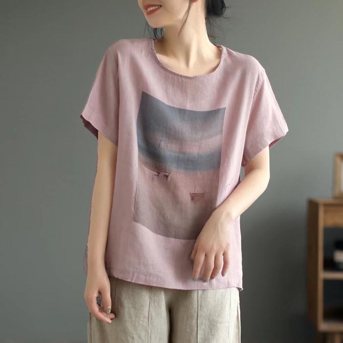 

Women s Retro Print Cotton Linen Short Sleeve T-shirt - Loose, Plus Size Summer Top XL 55-63 kg