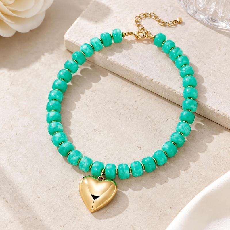 Adjustable Beaded Pendant Necklace with Rounded Resin Beads, Heart-Shaped Center Pendant, Extension Chain, and Lobster Clasp
