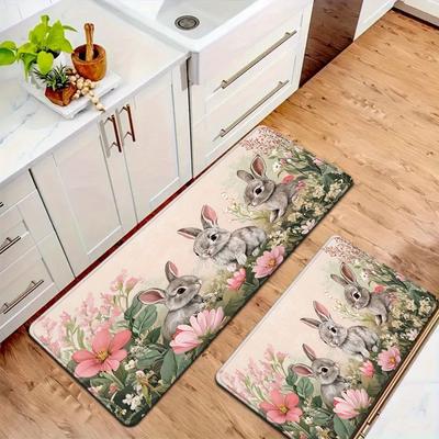 1 Pezzo Tappeti da Cucina Antifatica, Stampa Conigli Fiori Impermeabile Antiscivolo Spesso Ammortizzato Tappetino da Cucina Resistente Comfort Tappetino per Stare in Piedi per Cucina