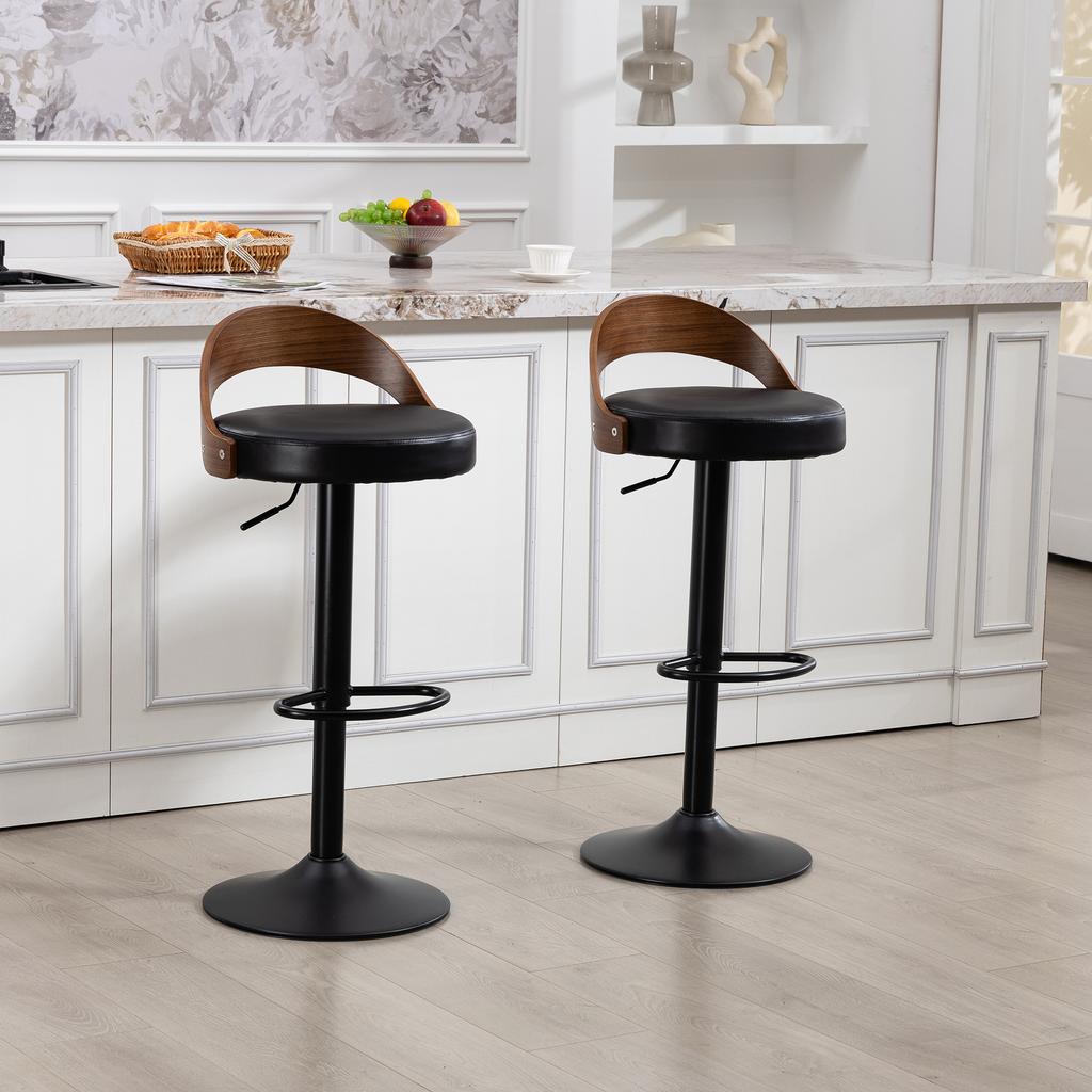 Set di 2 Sgabelli da Bar Rotanti a 360 gradi con Schienale, Legno di Noce Nero, Seduta in PU, Regolabili in Altezza (Pelle PU Nera)