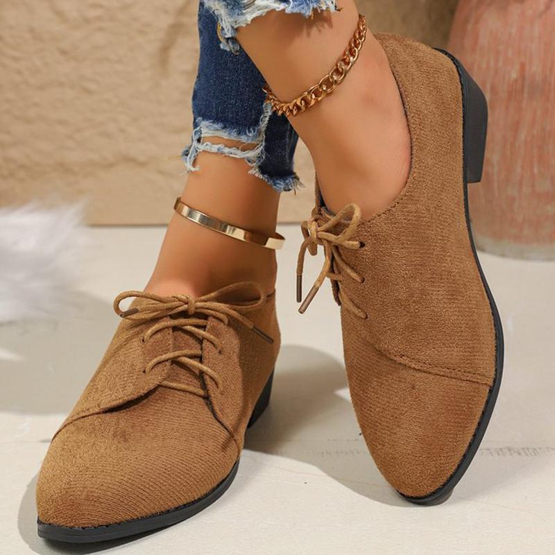 Fashion Comfortable Faux Suede Low Heel Pumps Women Solid Color Lace Up Loafers Woman Plus Size 36-43 Pointed Toe Casual Shoes Female