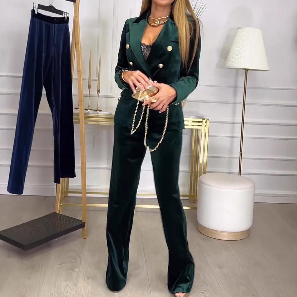 Dark Olive Green Velvet Double Breasted Blazer and Wide Leg Pants Suit with Gold Buttons