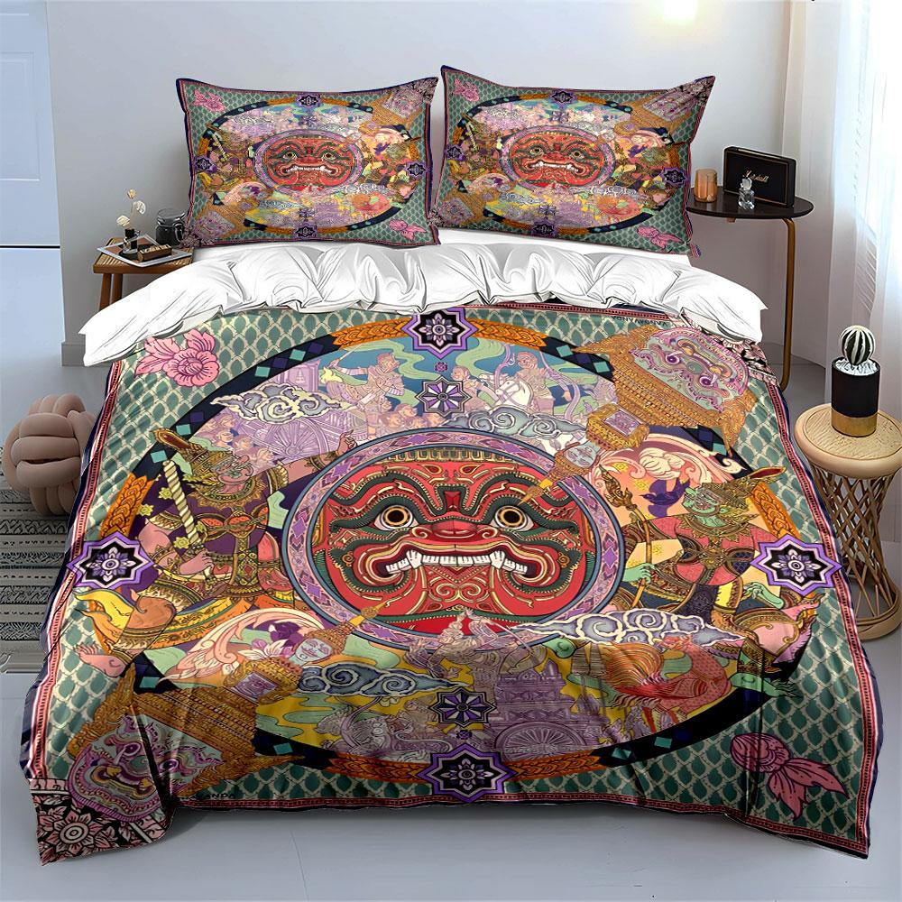 3Pcs Thai Yaksha Mask Bedding Set, Traditional Khon Mask Print Duvet Cover + 2 Pillowcases, Cultural Ethnic Decor