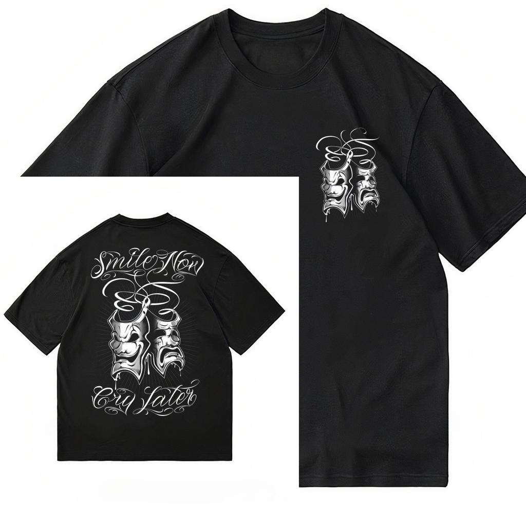 2026 Summer Tattoo Chicano Cursive Font Hiphop English Mask Crying Smile American Heavy Weight Loose Tshirt